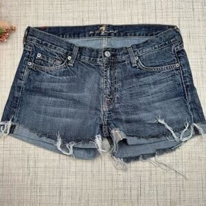 7 For All Mankind Women's Cut-Off Denim Jean Shorts Blue‎ Size 29 Distressed